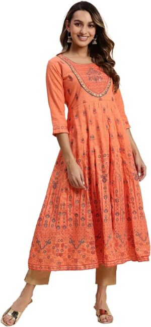 Women 100% Cotton Orange Yoke Embroidered Calf Length Flared Kurti