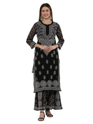 Women's Georgette Lucknowi Handicrafted Chikan Heavy Embroidery Kurta Sharara Set with Slip