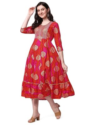 Women's Cotton Sequins Embroidery Work Foil Printed A-Line Kurti Only