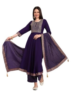 Women's Violate Rayon Embroidered Flared Kurta with Pant and Printed Dupatta Set