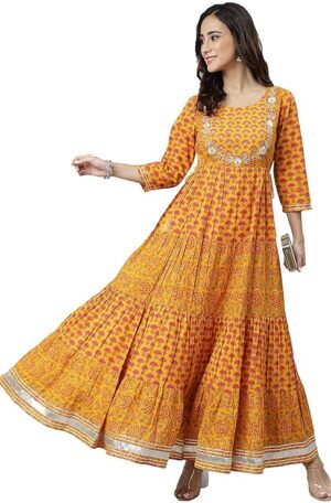 Janasya Women's Mustard Cotton Floral Print Flared Kurta