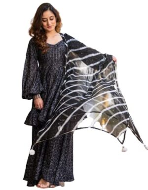 Kurti Craft Women's Rayon Printed Kurta Sharara with Chiffon Lehriya Dupatta Set