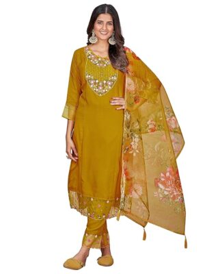 Women's Green Chanderi Silk Blend Embroidered Worked Kurta with Pant and Organza Printed Dupatta Set