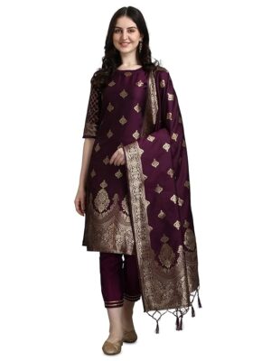 Women's Cotton Silk Jacquard Kurta Pant with Banarasi Silk Dupatta