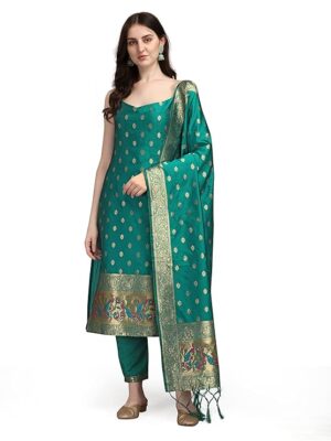 Women's Cotton Self Design Banarasi Sleeveless Straight Kurta With Pant and Dupatta Set