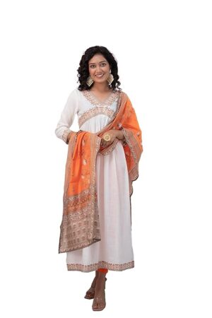 Women's Rayon Solid Alia Cut A-Line 3/4 Sleeve Kurta with Dupatta Set