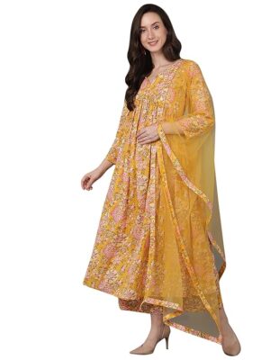 Women's Cotton Blend Floral Printed Anarkali Kurta Pant with Dupatta
