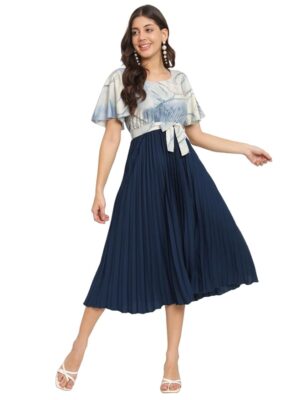 Women A-line Dress with Pleats, has an Round Neck, Printed Top Comes with a Belt and Flared Sleeves