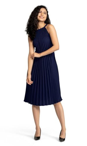 Women's Elegant Belted Pleated Sleeveess Short Dress