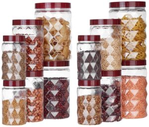 Plastic Pet Storage Jar and Container, Set of 12 Red Wine | Air Tight | Kitchen Organiser | BPA Free | Stackable