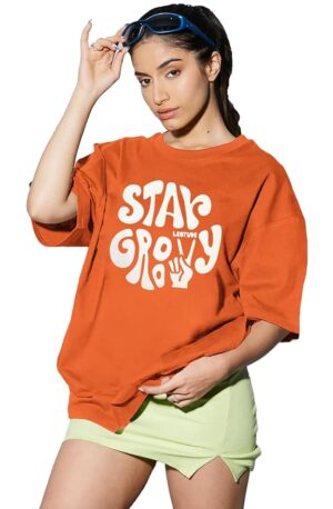 LEOTUDE Half Sleeve Oversized Tshirt for Women, Round Neck Longline Drop Shoulder, Colorful Printed T-Shirt (Color Orange)
