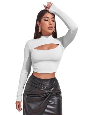 Sugathari Women's & Girl's Solid Knitted Full Sleeve High Neck Ruched Bust Crop Tee Tops