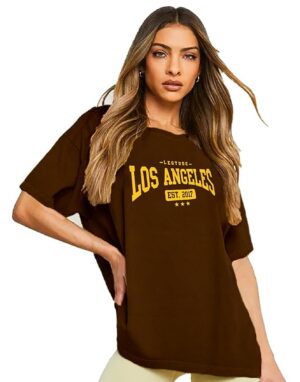 LEOTUDE Cottonblend Half Sleeve Oversized T-Shirts for Women (Color: Brown)