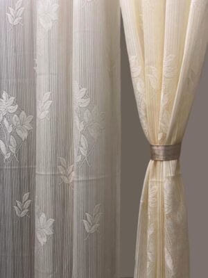 Floral Net Semi Transparent Door Semi Sheer Grommet Curtains 7 Feet Set Of 2, Cream
