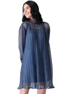 Blue Mesh Pleated Back Tie Shift Full Sleeve Regular Fit Casual Long Dress