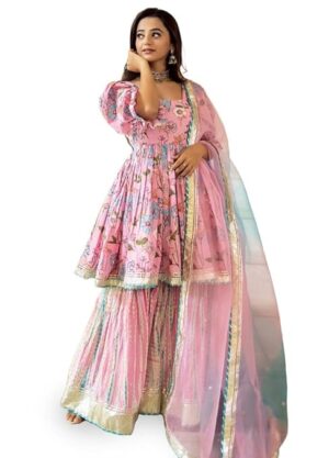Women Wear 100% Rayon Short Anarkali Kurta Sharara with Dupatta Set for Women and Girls for Wedding (Pink)