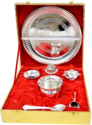 Silver Plated Decorative Ganesh Laxmi Embossed Puja Thali  (1 Pieces, Silver)