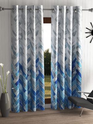 2 Pieces Geometrical Panel Eyelet Polyester Door Curtains 7 Feet, Blue(Eyelet),Grommet Curtains