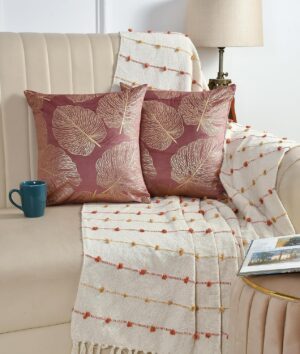 Rose Set of 2 Gold Leaf Printed Hand Made Velvet Throw/Pillow Cushion Covers (16 x 16 Inch, Peach)