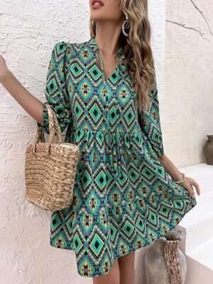 Women's Green Color V Neck 3/4th Sleeve Polyester Dress