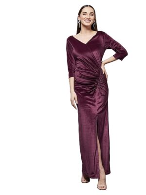 Miss Chase Women's Dark Mauve V-Neck 3/4th Sleeve Solid Ruched Maxi Dress