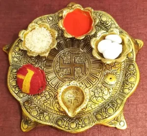 Pooja Thali set with Diya Gold Plated for Home and Office Temple and Pooja Aluminium  (1 Pieces, Gold)