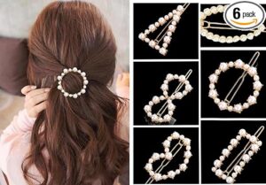 Gold Metal Pearl Geometric Stone Lock Hair Pins Hair Clip Hair Accessories Jewellery for Women And Girls 6 Count (Pack of 1)
