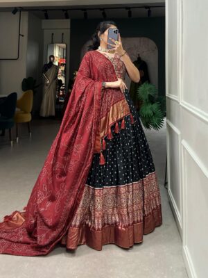 Women,s Tussar Silk With Leheriya And Foil Print Lehenga choli Set (BLACK6)