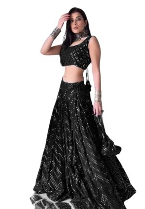 Women Silk Semi stitched Lehenga Choli with Dupatta set (lehenga_Black_Free Size)