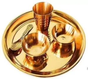 Brass Pooja Bhog Thali Set for Mandir Brass  (5 Pieces, Gold)