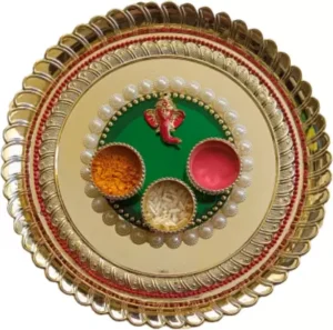 Pooja Thali/Haldi Kumkum Box/Rakhi Plate[8 Inch][Medium] Gold Plated  (1 Pieces, Multicolor)