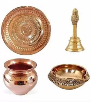 Pooja Materials Set for Workship with Special Pooja Thali God Bell, and Lota Maded with Brass deep Set of 4 pcs (in pack of 1) Copper, Brass  (1 Pieces, Gold)