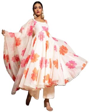 Women's Chanderi Cotton Flowers Printed Anarkali Kurta and Pant with Dupatta Set