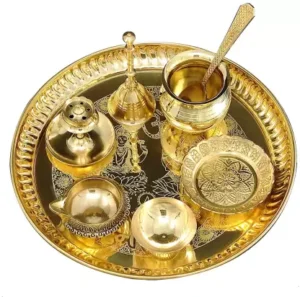 Brass Pooja Thali Set 8 Inch Home Mandir Puja Return Gift Items Brass  (8 Pieces, Gold)