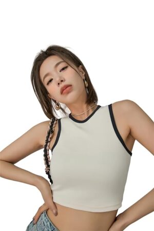 Istyle Can Women's Solid Korean Color Block Cotton Rib Knit Crop Tank Top