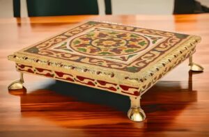 Wooden Bajot Chowki Handcrafted Multicolor Meenakari Artwork Chowki Handmade Meenakari Chowki Bajot Multi Purpose Meenakari Big (25 X 25 CM, Multicolor)