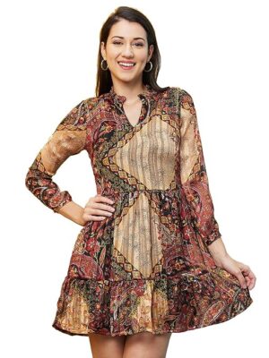 Globus Women Black All Over Print Fit & Flare Knee Length V-Neck Dress