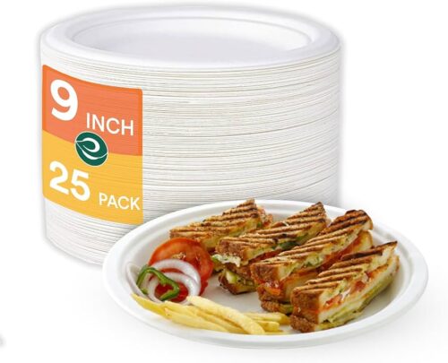 [9 inch, 25 Pack] Disposable Bagasse Plates