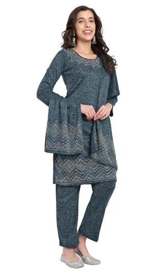 Woollen Embellished Kurta Pant with Dupatta Set for Women's