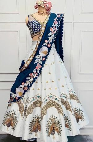 Embroidered Satin Silk Lehenga Choli with Dupatta White-blue