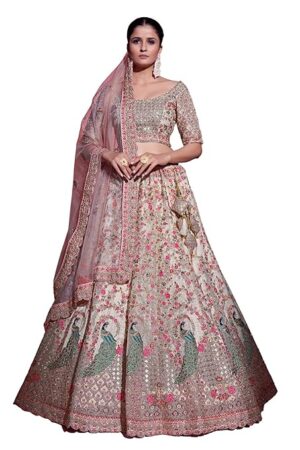 Heavy Work Cream Soft Net Wedding Semi-Stitched Lehenga Choli