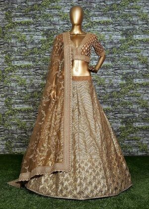 Women's Silk Semi-Stitched Lehenga Choli (Bridal Golden And Brown_Free Size)